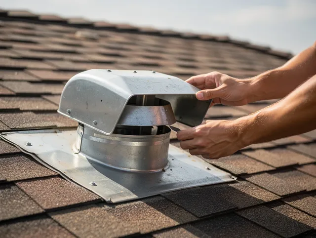 Wolcott Dryer Vent Cleaning certified technician safely cleaning a roof-mounted dryer vent in Wolcott
