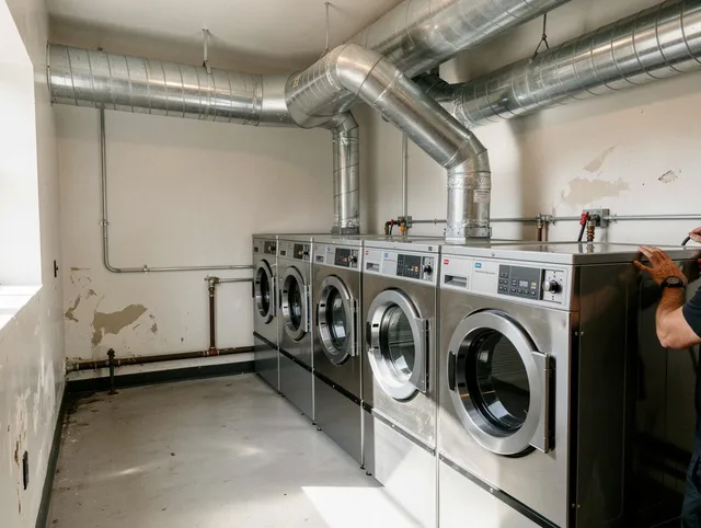 Wolcott Dryer Vent Cleaning team performing large-scale commercial dryer vent cleaning in Wolcott