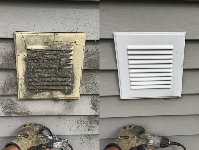 Wolcott Dryer Vent Cleaning technician installing high-quality dryer vent cover at a residential property in Wolcott