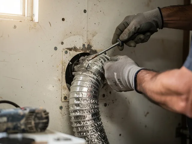 Wolcott Dryer Vent Cleaning technician performing precise dryer vent hose installation in Wolcott